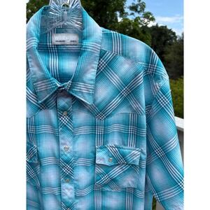 Wrangler Mens Wrancher Pearl Snap Shirt XL Blue Plaid Western Cowboy Rodeo Chore